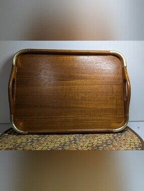 Vintage Teakwood Serving Tray with Brass Corners – Large MCM
